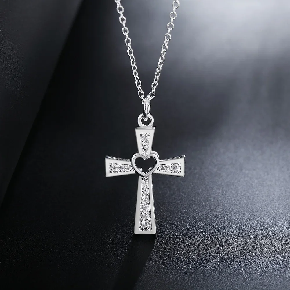 925 Sterling Silver Necklace for Women Luxury Wedding Jewelry Crystal Cross Pendants Chain Neckalce