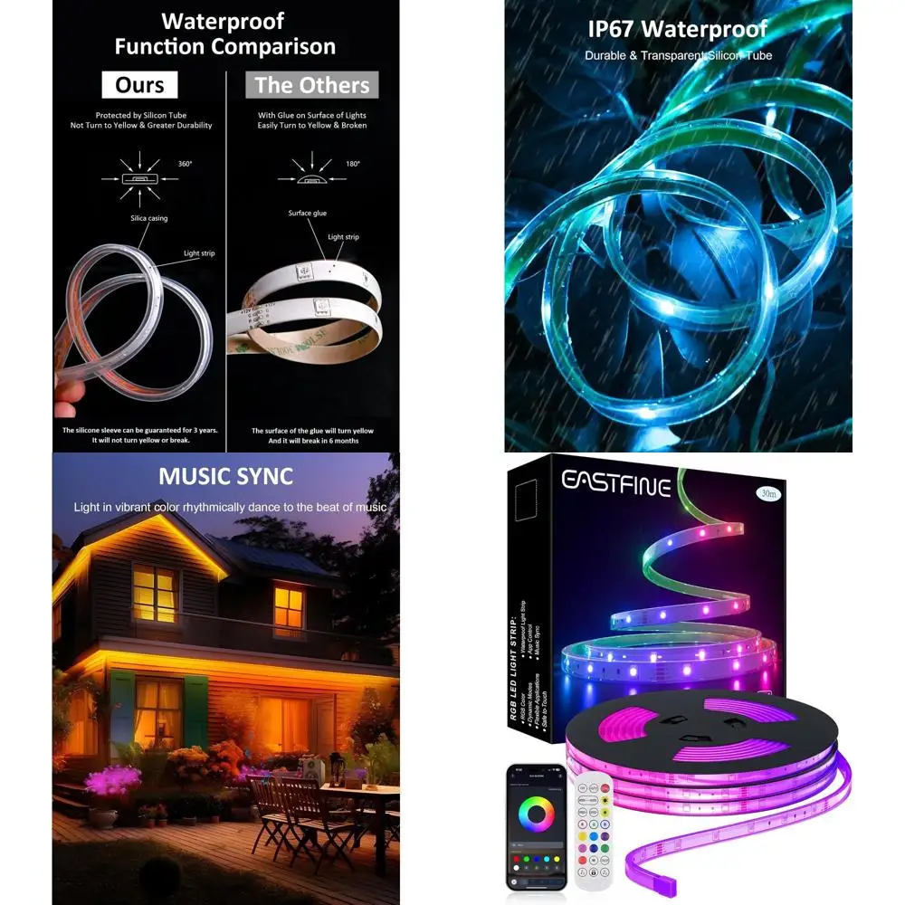 

Waterproof 100ft RGB LED Strip Lights with 480 LEDs, Dimmable, Bluetooth App Control, Music Sync for Outdoor Spaces