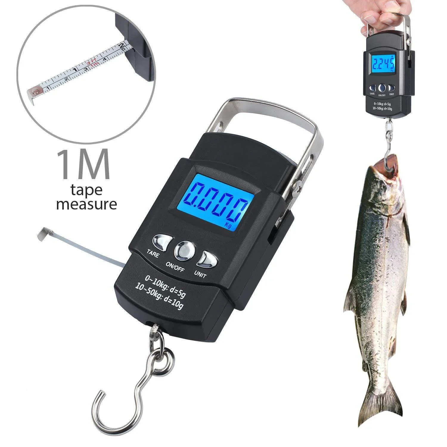 Portable 110 pound/50 kilogram hanging scale, digital scale, backlit fishing scale, luggage weighing tool with tape measure