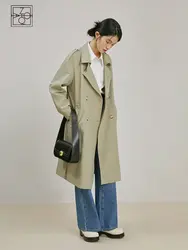 ZIQIAO Classic Double Breasted British Trench Coat 2023 Spring Turn-Down Collar Temperament Straight Casual Women Long Trench