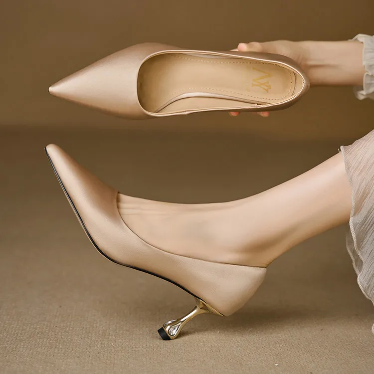 

Champagne Silk Women Shallow Pumps Pointed Toe Iron Black High Heels Dress Party Shoes Vintage Red Prom Stilettos Zapatos Mujer
