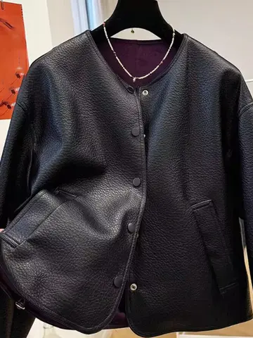 루즈핏 가죽 재킷 루즈핏 라운드넥 여성용 레트로 루즈핏 라운드넥 여성용 레트로 릴리스무늬 가죽 재킷 가죽 코트 가죽 재킷