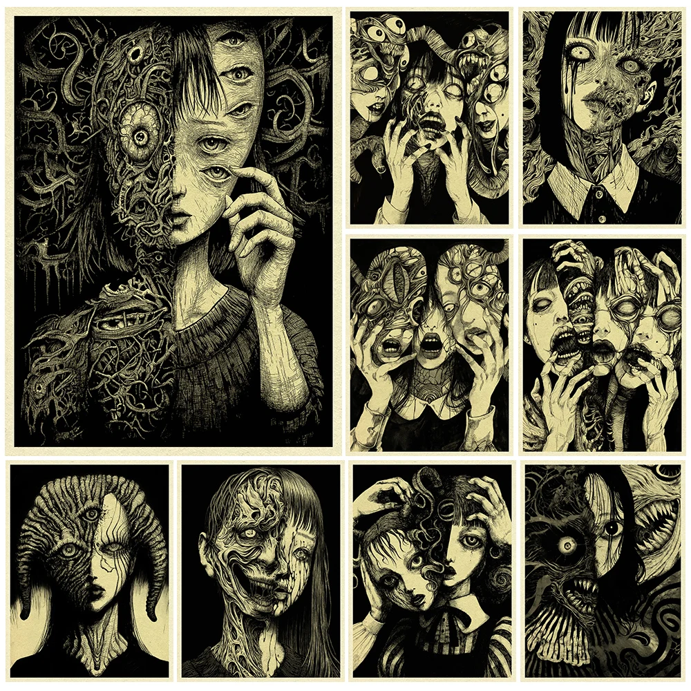 Arte de cómic de terror extraño, cuadro sobre lienzo para pared ilustrado, chica monstruosa, arte de fantasía de terror, impresión de póster, decoración del hogar