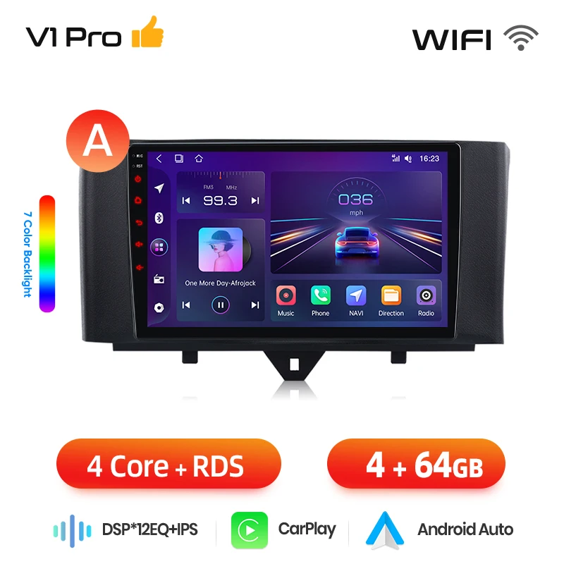 Junsun draadloze CarPlay Android Auto autoradio voor Smart Fortwo (W451) 2007-2014 met ingebouwde koelventilator, Android GPS navigatie, multimediaspeler, WiFi, DSP, RDS, BT, SWC, IPS touchscreen,