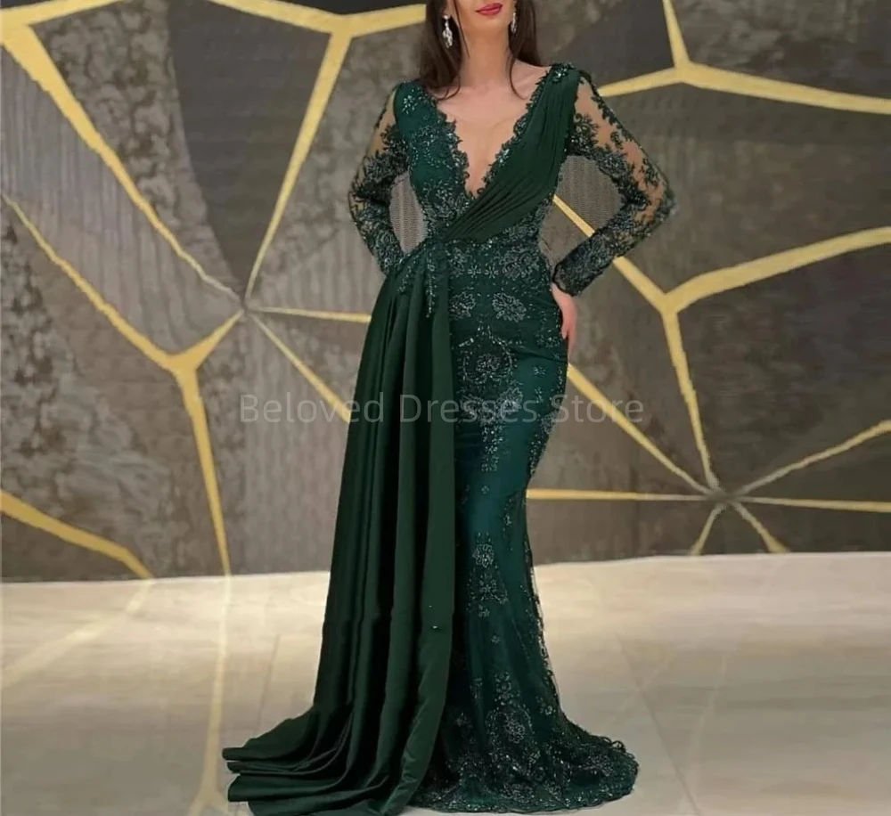 2023 New Lace Applique Beaded Emerald Green Evening Gown Mermaid Long Sleeve Sheer Neck Prom Gown Women Formal Dresses De Soriee