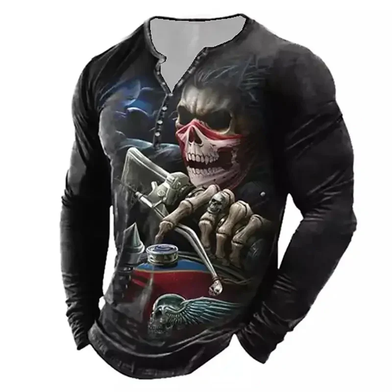 Retro Autumn Men\'s T-shirt Horror Skull Pattern Button T-shirt 3D Printing Long Sleeve V-neck T-shirt Oversized Men\'s Clothing