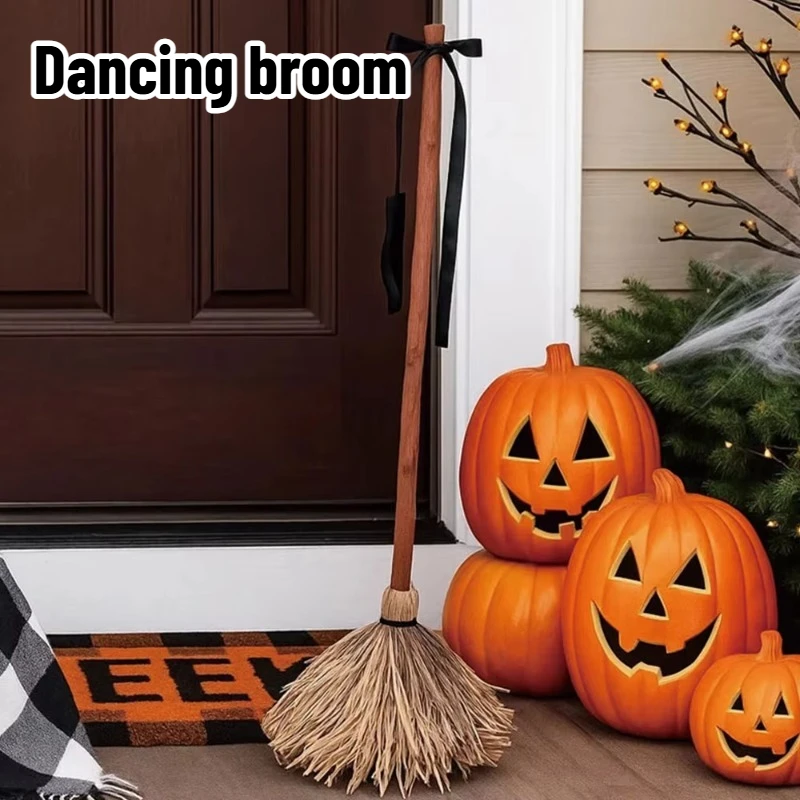 1PC Sound Activated Floating Witch Broom Animated Dancing Prop with Spooky Sounds for Haunted House Yard Halloween Decor