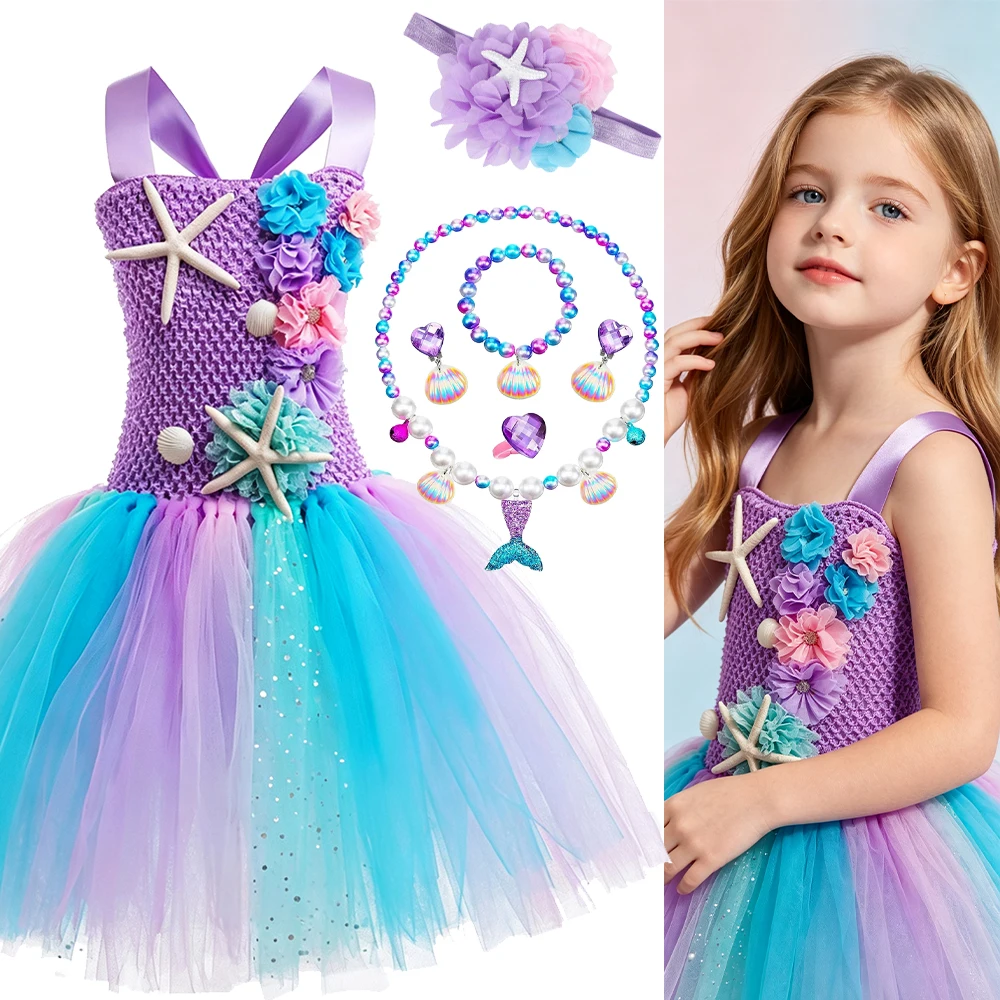 Niedliches, lila Kleid im Meerjungfrauen-Stil mit Spaghettiträgern für Mädchen, mit Zauberstab, Krone, Halskette und Haarreif – ideal als Halloween- oder Geburtstagsgeschenk. – Detail 2