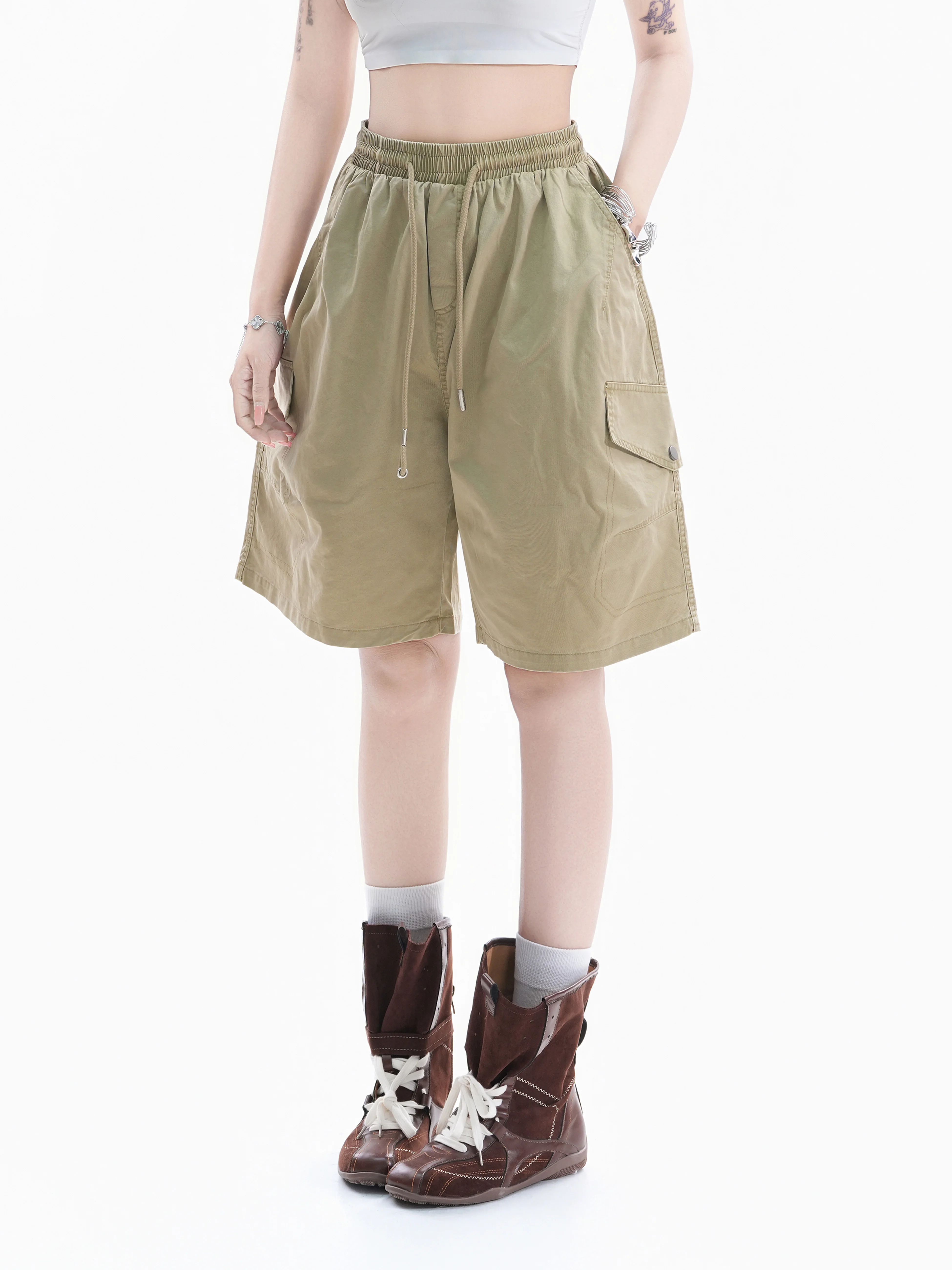 

American Workwear Style Corduroy Shorts Women's Loose Wide Leg Five Pocket Design Couple's Mid-Length Cotton Drawstring Pants
