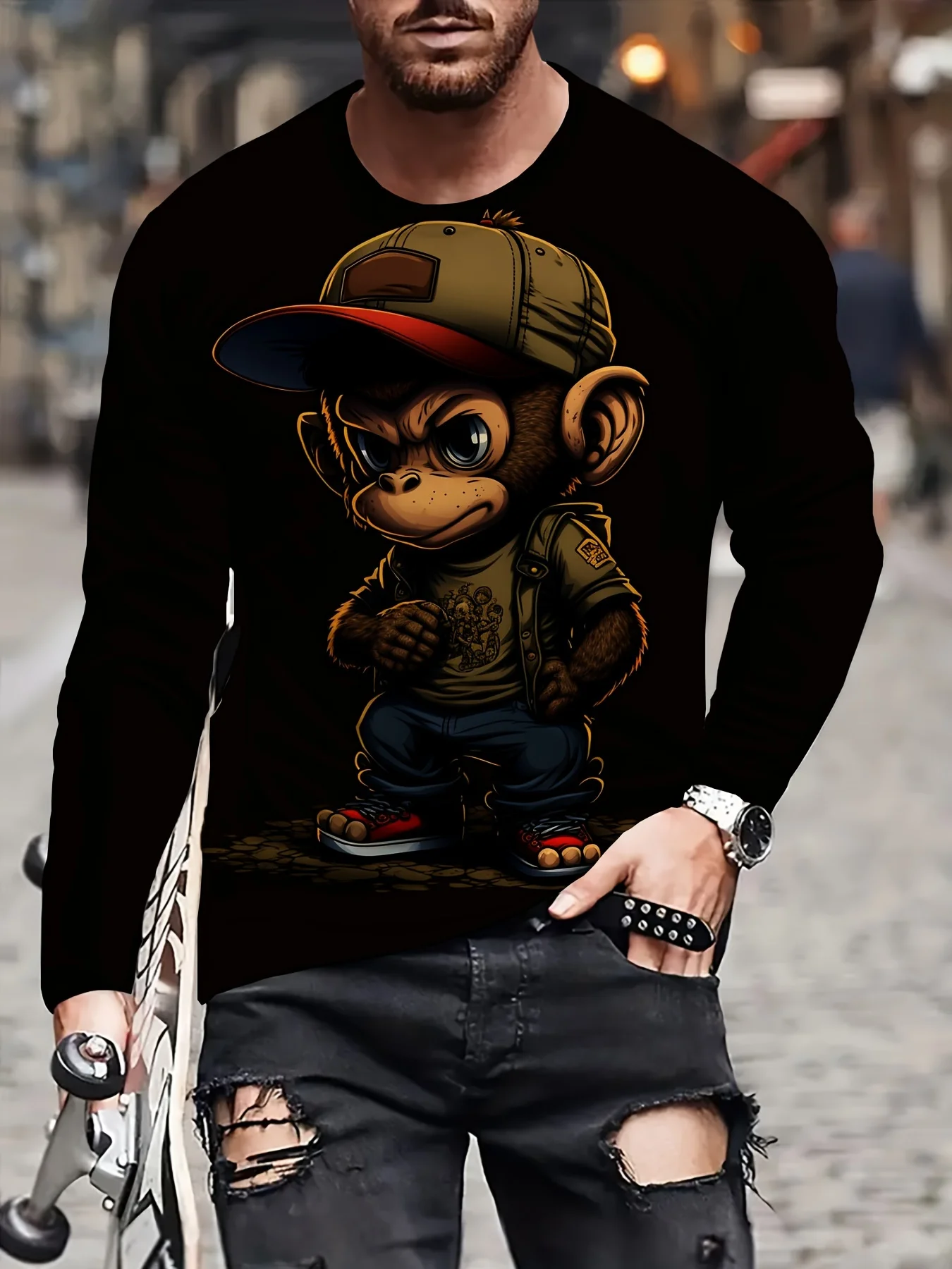 Men's Monkey Print Full-Length Long Sleeve T-Shirt - Soft Breathable Casual Round Neck Top with Monkey Face & Monkey Motifs, Suitable for Year-Round Wear, Machine Washable Stylish Monkey-Themed Tee for Parties & Everyday Outfits