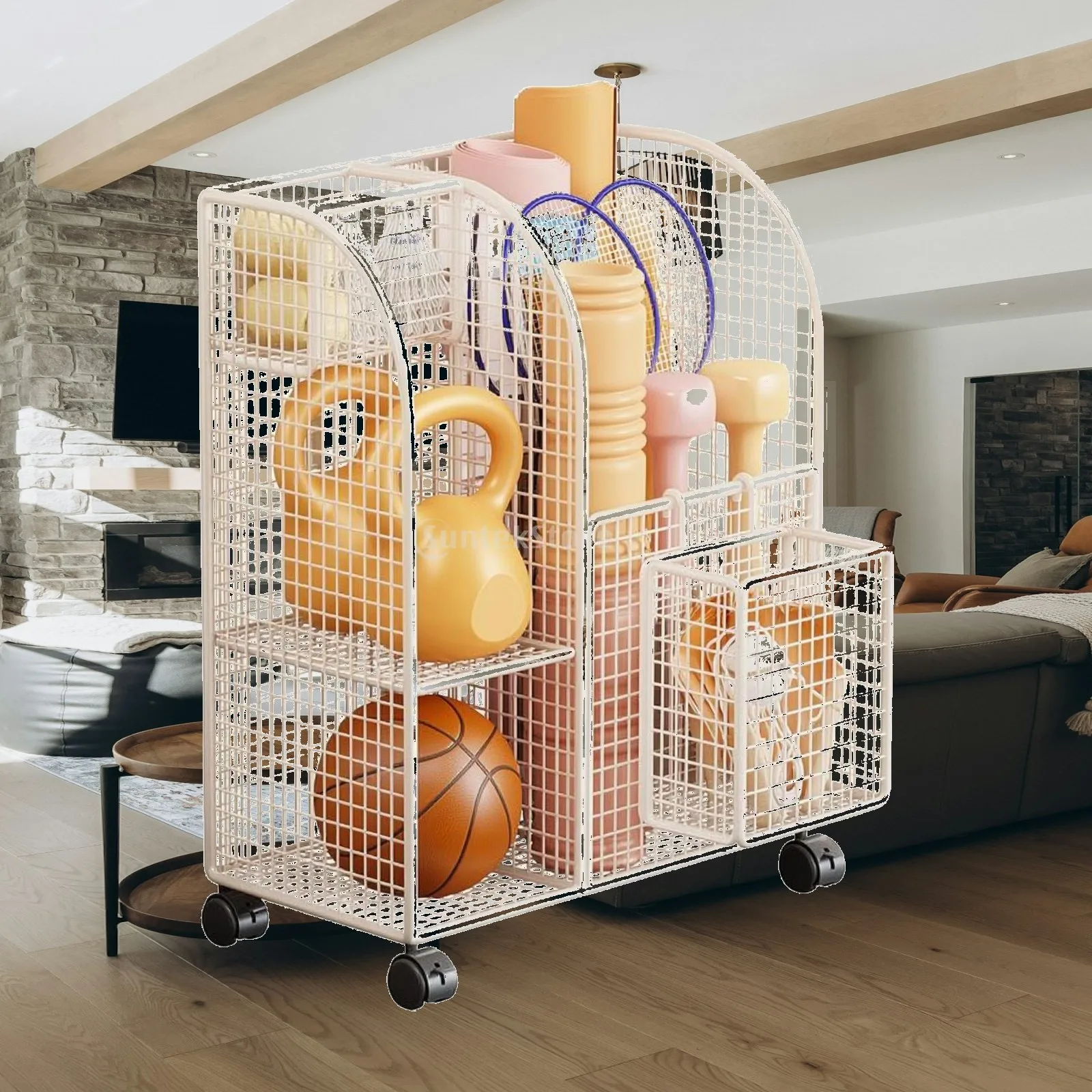 Compact Iron Wire Rack for Exercise Gear Organization with Multiple Compartments for Fitness Balls Dumbbells and Yoga Mats