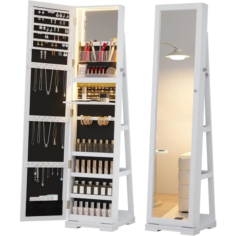 LED Jewelry Armoire with Full Length Mirror, Lockable Mirror with Storage with 3 Color Lights, 360° Swivel Jewelry Cabinet