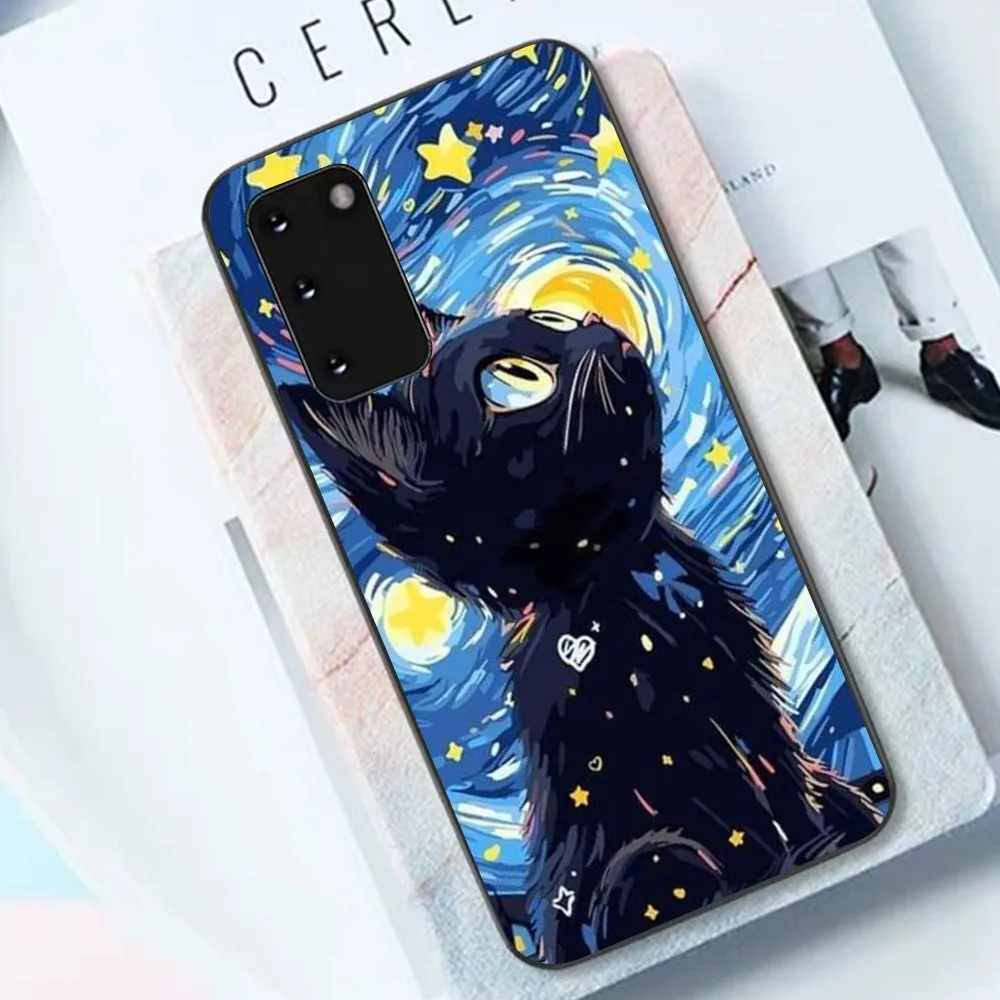 Artistic Black Cat Starry Night phone case For Samsung S 9 10 20 21 22 23 30 23 24 Plus Lite Ultra FE S10lite Fundas