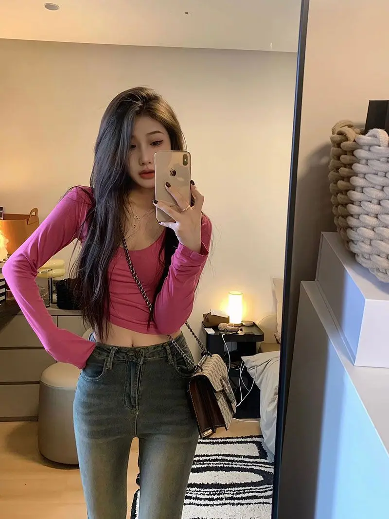 

Футболки с длинными рукавами, женские корейские топы с рюшами, свободная посадка, дышащие, летние, женские, молодежные, минималистичные, повседневные, шикарные, повседневные