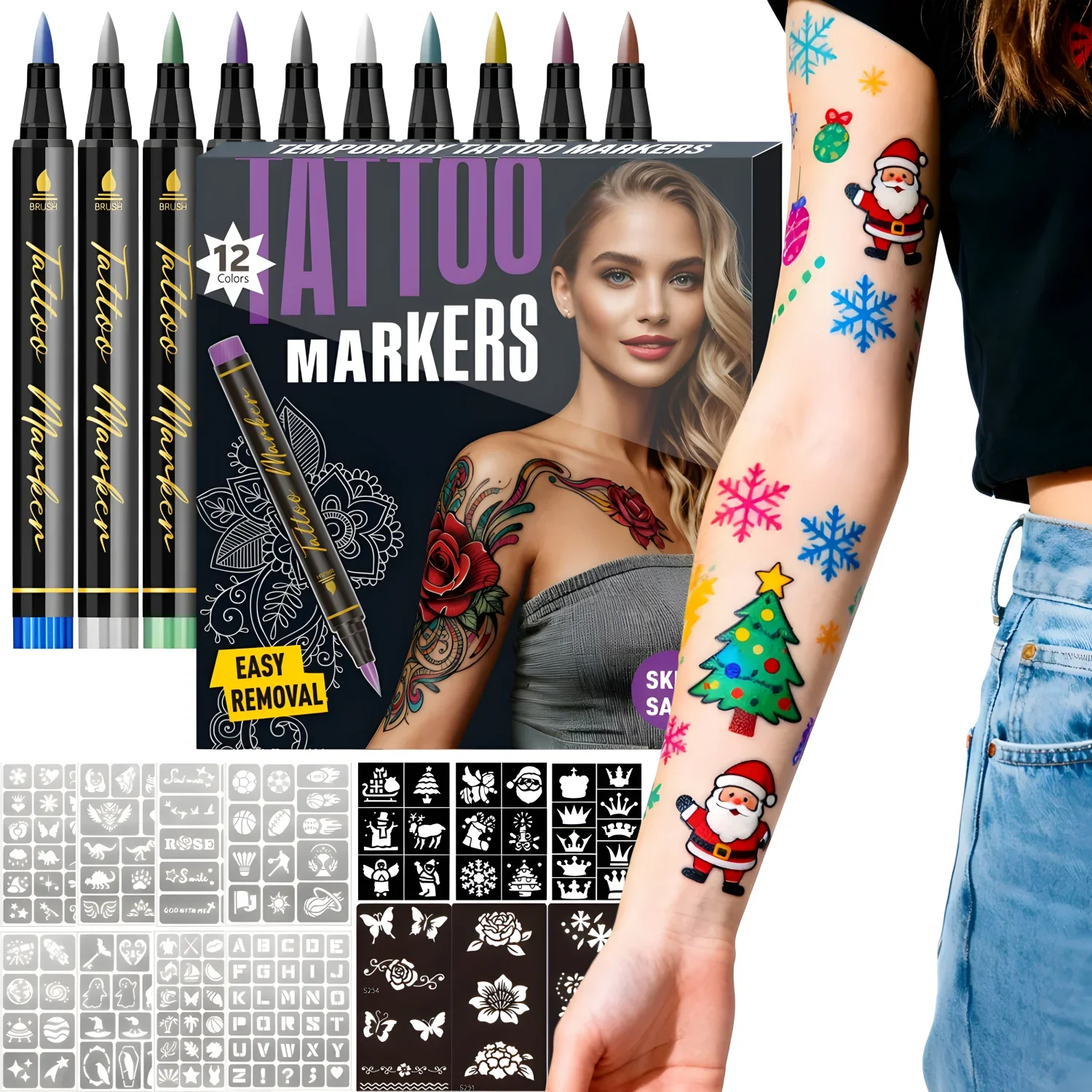 

Temporary Tattoo Markers,10/12/18/24 Colors Metallic Markers,Tattoo Stencil,Flexible Brush Tip,Face Paint Kit,Christmas gifts