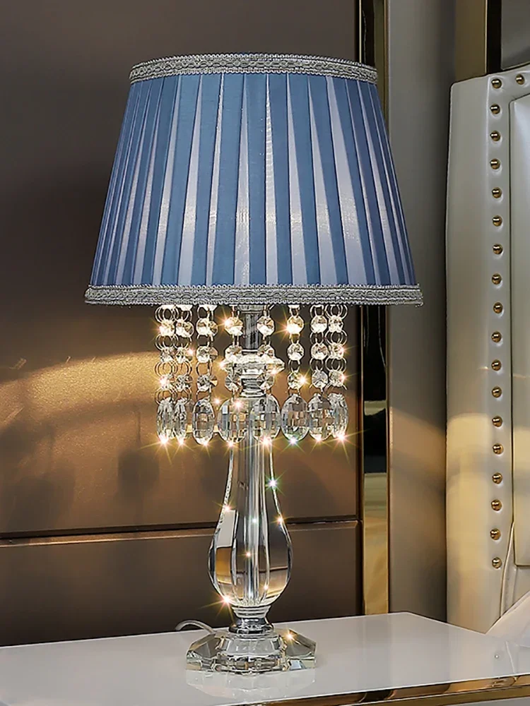 Modern fashion crystal table lamp bedroom bedside living room luxury warm romantic marriage American blue table lamp