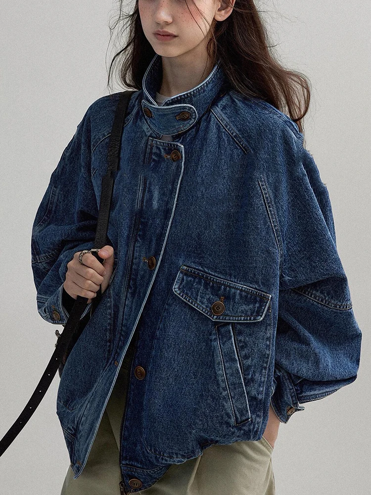 

American Vintage Loose Denim Jacket Women Stand Collar Blue Workwear Streetwear Spring Autumn Cargo Jeans Coat Outerwear