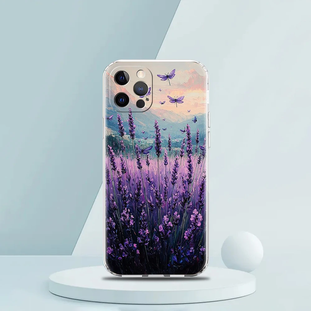 حافظة هاتف شفافة ناعمة من البولي يوريثان لهاتف آيفون 16 15 14 13 12 11 Pro Max XR 8 7 Plus XR حقائب بنمط الخزامى المقاوم للصدمات