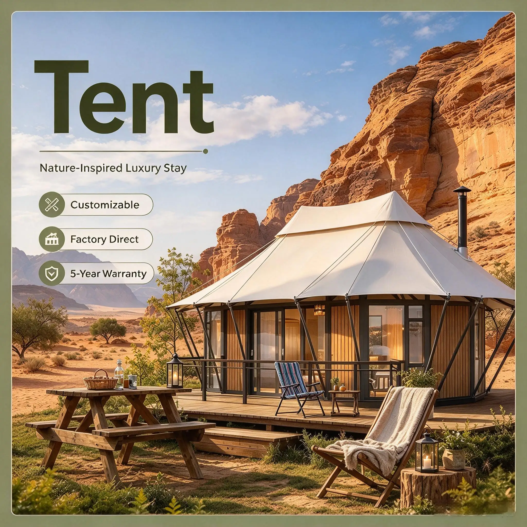 4‑Season Luxury Outdoor Picnic Camping Tent, Waterproof PVC Comfort Glamping Shelter for Hotel Campsite Accommodation