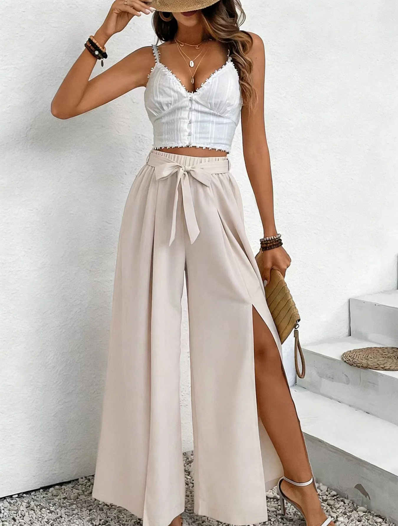 New European and American style cross-border solid color casual drawstring loose women's high-waisted wide-leg trousers