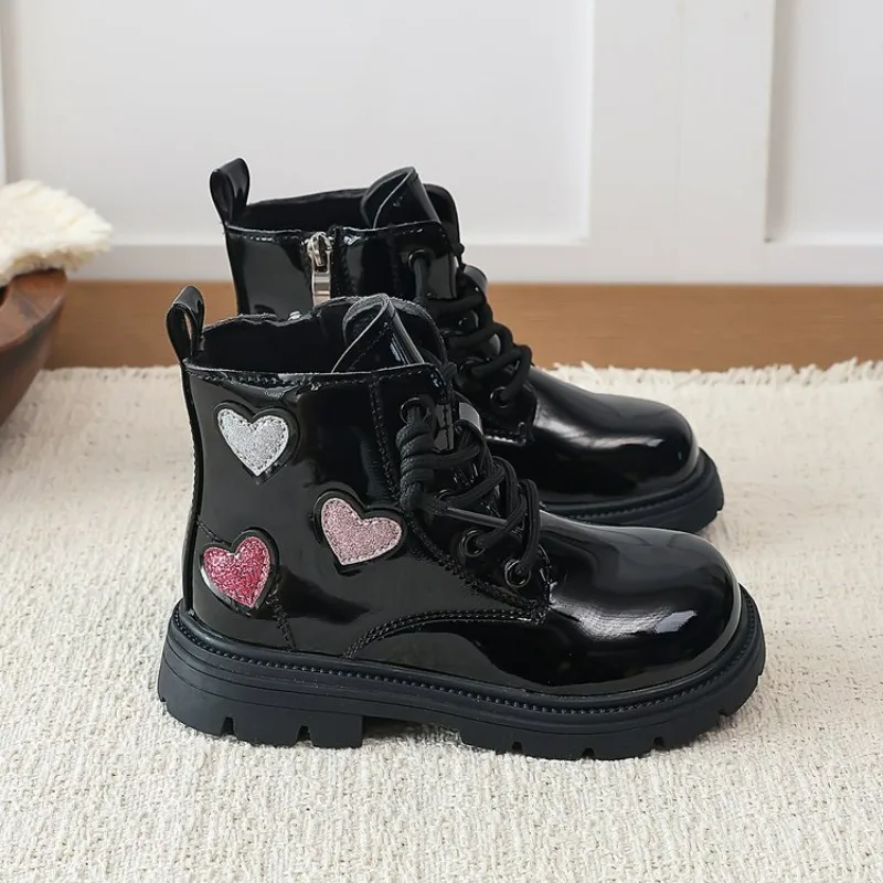 Girls ankle Boots Kids Fashion Rubber Boots Cool Girl Autumn and Winter Soft Sole black with Love Side Zip Princess Round-toe PU