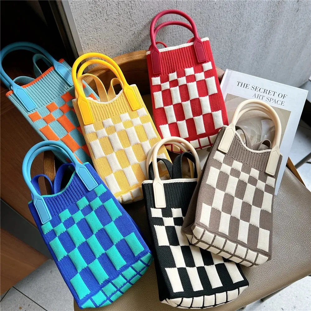 Mini Knitted Crossbody Phone Bag Women Shoulder Bag Korean Plaid Fabric Crossbody Bag Reusable Shopping Mobile Phone Bag Handbag