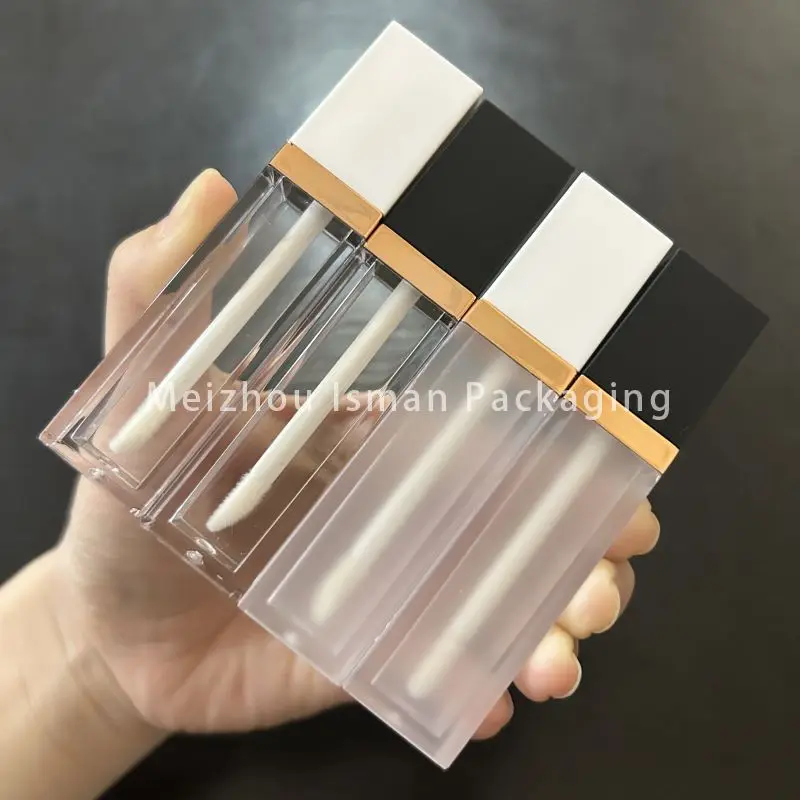 

50Pcs empty new 7ml frosted black lipstick lipgloss packaging clear square white lip gloss container tubes with wands