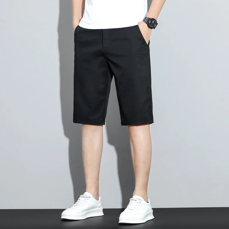 New Embroidery Casual Thin Shorts Men Summer Straight Elastic Business Fashion Short Pants Male Brand Khaki Beige Black Navy