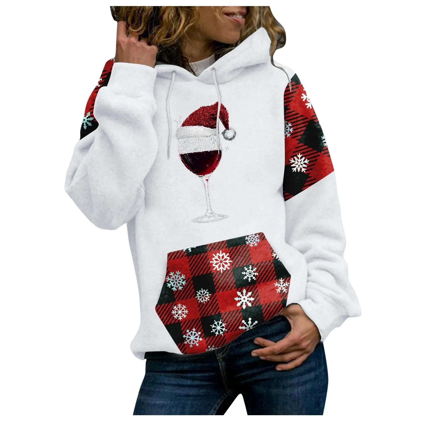 Felpa con cappuccio con stampa di bicchiere di vino con fiocco di neve a tema natalizio Felpa con cappuccio rossa festiva per le vacanze Felpa con cappuccio con cerniera lunga