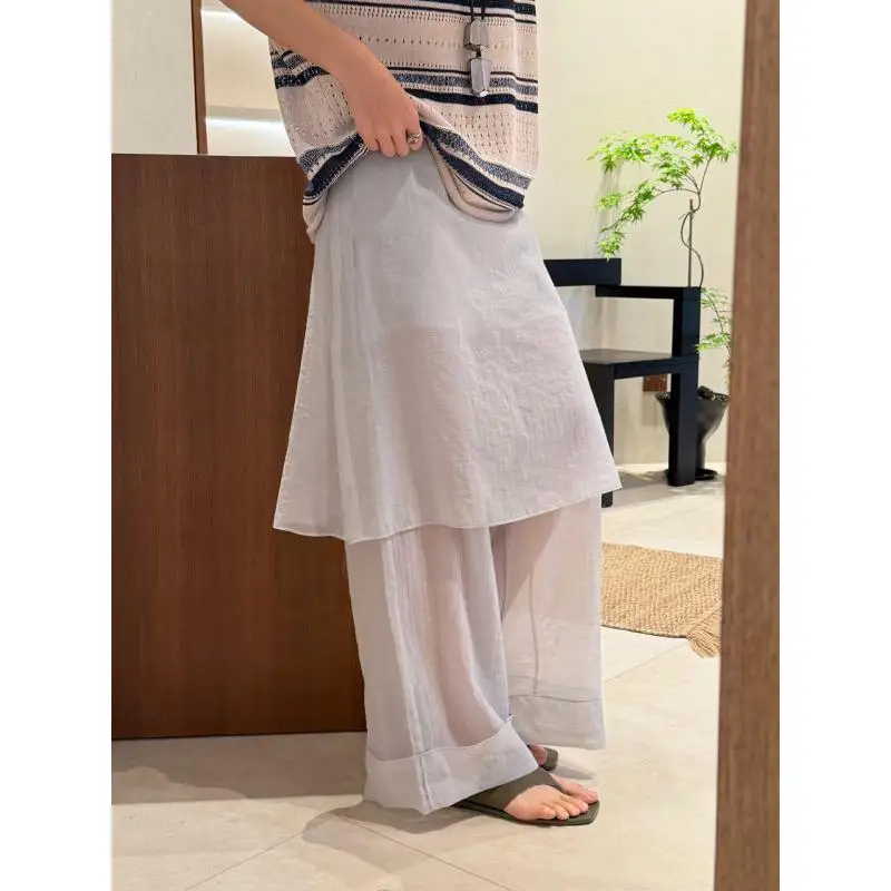 Maxdutti Southern French Elegant Lazy Fake Two Piece Perspective Wide Leg Pants Female Designer's Leg Flanged Skirt Pants Woman