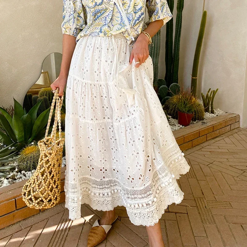 2024 New Summer Women Casual Floral White Embroidery Long Skirt Vintage Elastic High Waist Boho Beach Lace Skirt