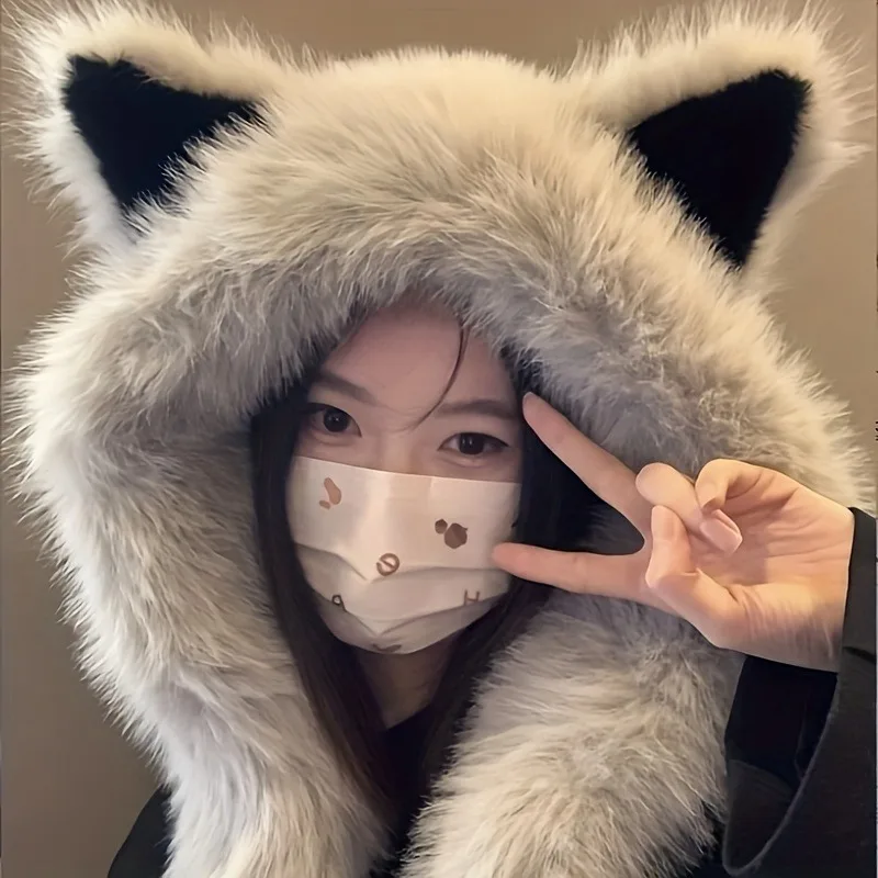 Gorro con orejas de gato de piel sintética, bufanda para mujer y niña, gorro cálido de felpa para invierno, protección para el cuello y las orejas, regalo grueso y cálido para fiesta de año nuevo