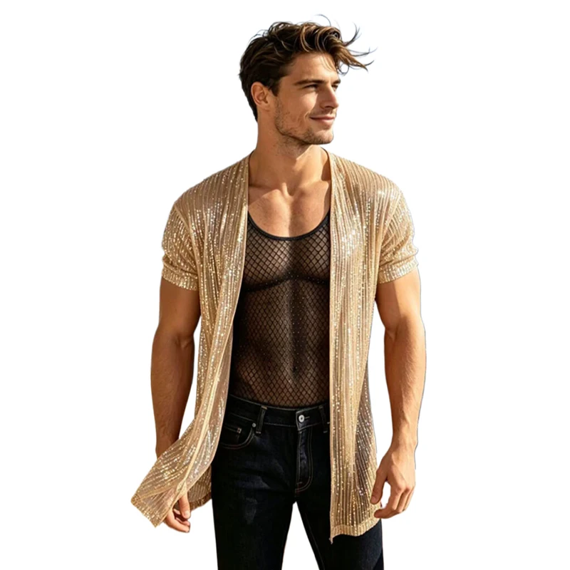 Herren-Pailletten-Kimono-Cardigan, kurzärmelig, vorne offen, locker sitzende Strand-Party-Festival-Rave-Oberbekleidung, Herren-Poloshirts, Kleidung – Detail 5