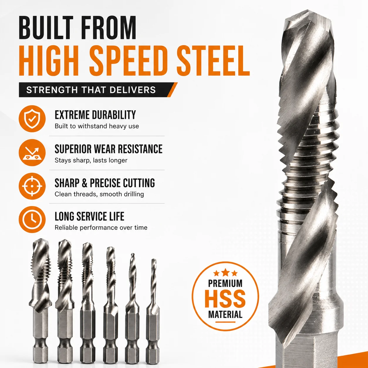 6pcs M3-M10 HSS Screw Tap Drill Bits, Metric Thread Tapping Countersink Deburr Set, 1/4 Hex Shank Quick Change