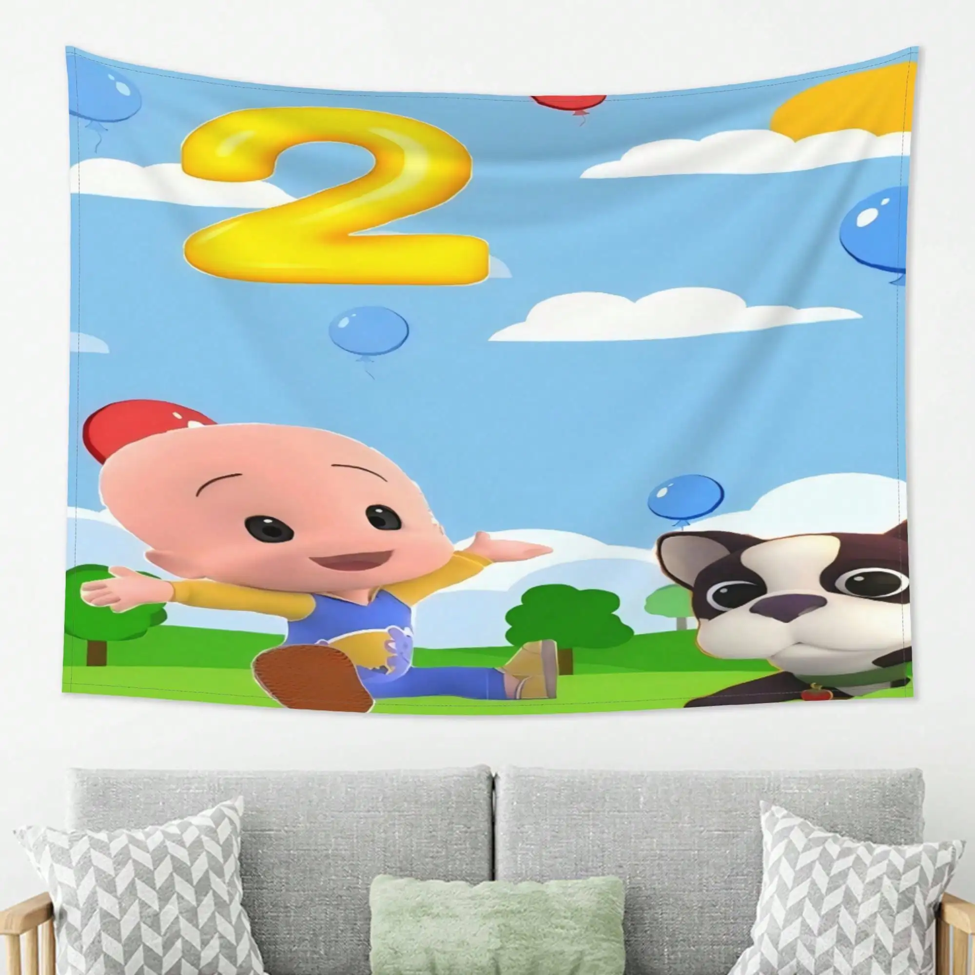 Cute Cartoon Baby Tapestry, Colorful Kids Room Wall Hanging, Funny Red Hat Character Decor, Bright Sky Background Cloth