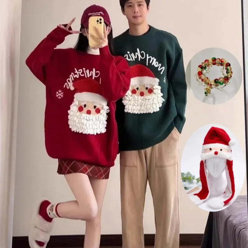 

Christmas Santa Claus Printing Sweater Retro Style Sweaters Relaxed and Lazy Top Red Green Knitwear Couple's Outfits for Xmas