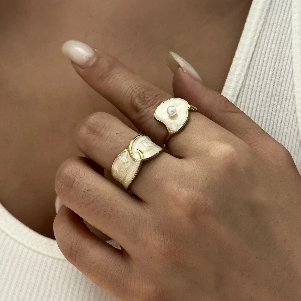Edelstahl-Rechteck-Naturstein-Emaille-Fingerringe für Damen und Herren, königlicher Vintage-geometrischer Imitationsperlenring, Schmuck – Detail 11