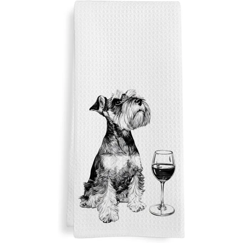 1pc Schnauzer Dog Wine Glass Printed Kitchen Towel, Soft Absorbent Hand Towel, Perfect for Kitchen, Dining Room, Bathroom, Dorm