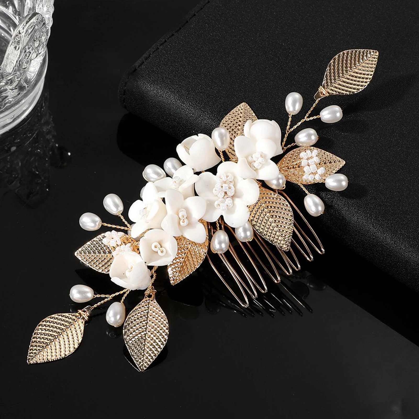 أنيقة زهرة بيضاء أمشاط الشعر الذهب/الفضة اللون سبائك ورقة دبابيس الشعر اللؤلؤ الاصطناعي العصابات الشعر العروس الزفاف الشعر مجوهرات #2