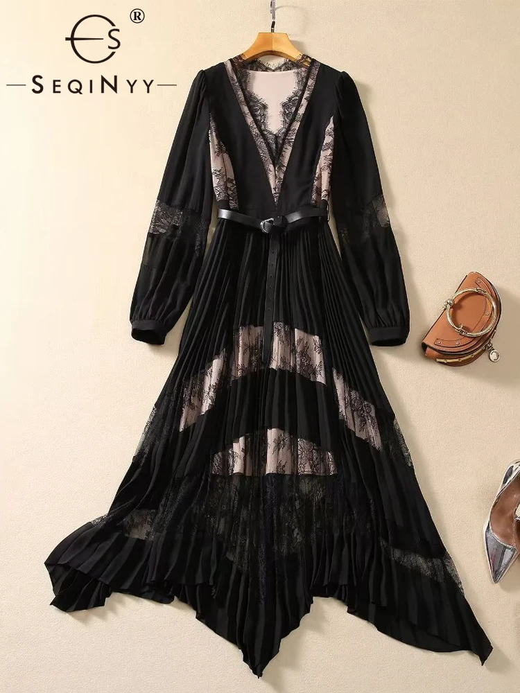 

SEQINYY Black Elegant Dress Summer Spring New Fashion Design Women Runway High Street Party Mesh Lace Flower Pleated Belt