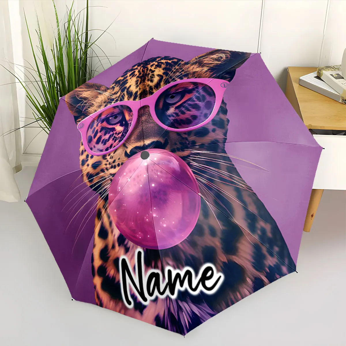 Custom Name Umbrella Leopard with Bubblegum and Glasses Umbrella Print 8 Iron Ribs Folding Umbrella Auto-Open Fashion Sunshade