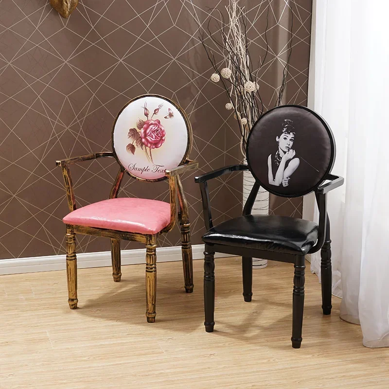 

Wrought Iron Dining Chair with Backrest Home Creative Retro Chair Hotel Armrest Distressed Custom Stool