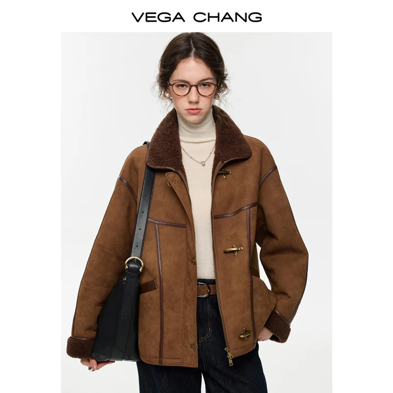 

Vega Chang New Winter Women's Faux Suede Plush Collar Thick Short Outwear