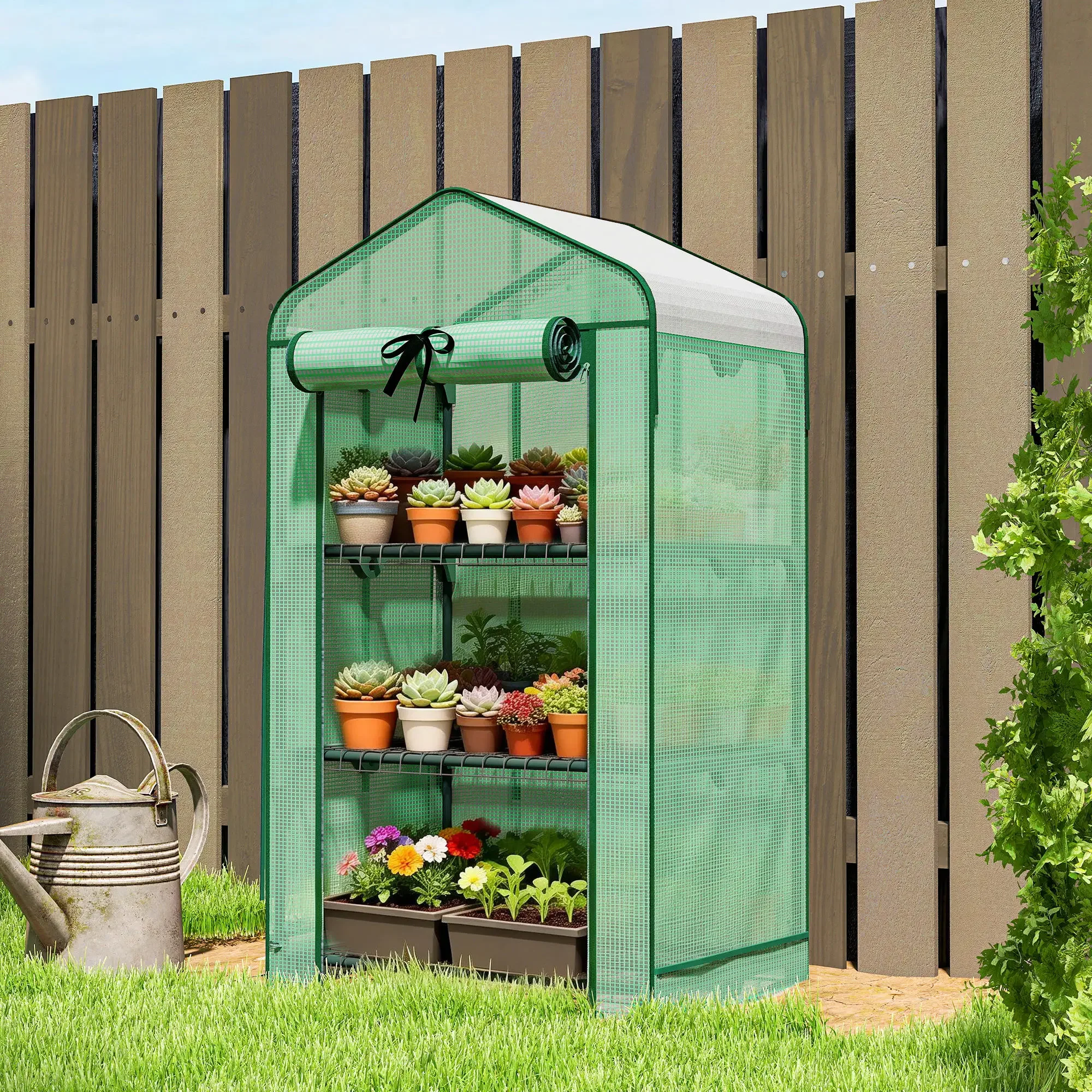 3-Tier Mini Greenhouse with Roll-Up Door, Portable PE Mesh Plant Growing Rack, Small Outdoor/Indoor Greenhouse for Flowers, Succulents & Seedlings