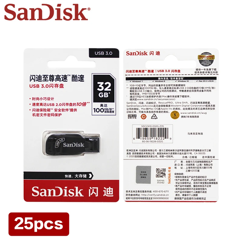 Imagem -03 - Sandisk-pen Drive Mini Pendrive para Computador Memory Stick Flash Drive Usb 3.0 64gb 128gb 32gb 100 Original Cz410 25 Pcs