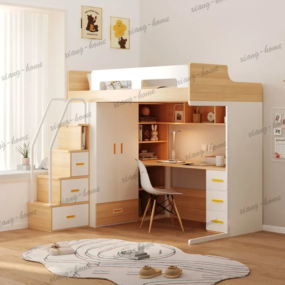 PG Loft Bed with Desk and Wardrobe Multifunctional Upper Bed Lower Desk Combo Space-Saving Kids Bed for Small Bedroom