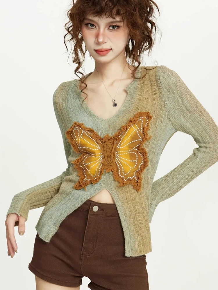

Japanese Split Knitted Sweaters Women Fall Y2K Butterfly Patchwork Slim Fit Pullovers Streetwear Long Sleeve Vintage Female Tops