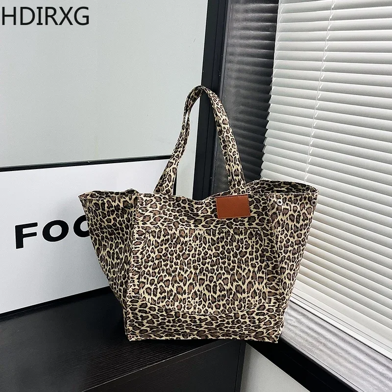 Women\'s Leopard Pattern Tote Bag Vintage Canvas Shoulder Bags Fashion Big Capacity Woman Handbag for School Working Shopping