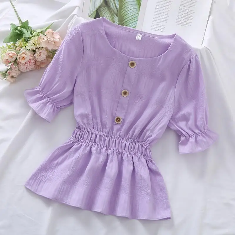 

2025 Summer New Korean Style Waist Pleated Temperament Short-sleeved Crew Neck Shirt Versatile Slim Fit Solid Color Top