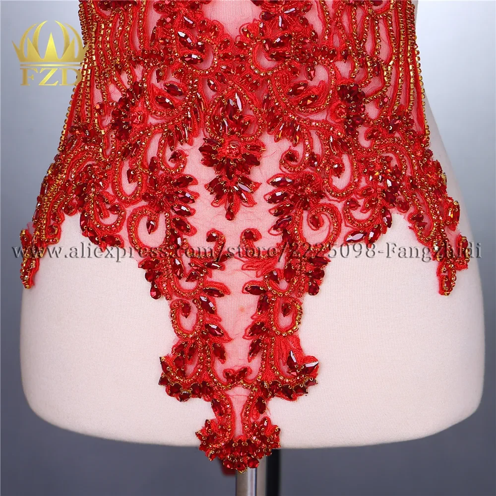 Imagem -06 - Fzd Peça Artesanal Costura Strass Vermelho Contas Remendos Bodiques Grande Strass Apliques para Vestido de Casamento Guarnição Bordado